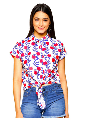 Pomegranate Front Knot Women Shirt