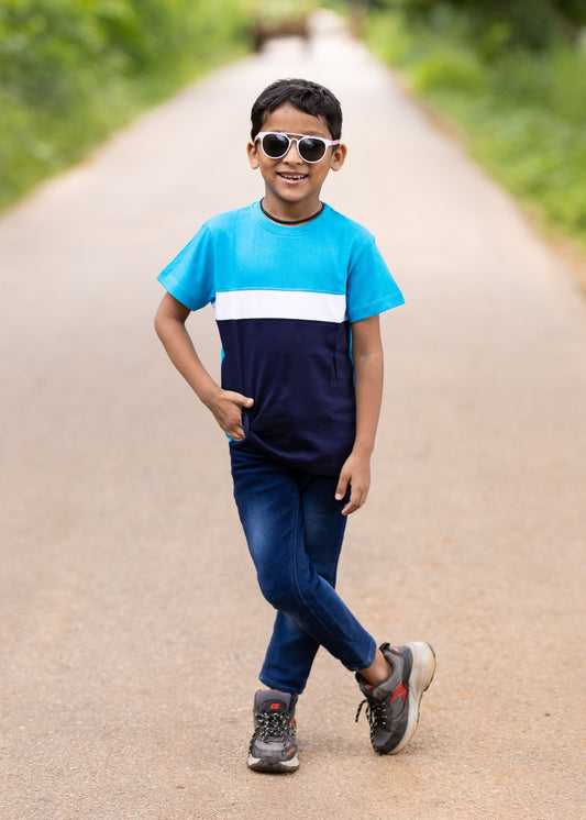 Turquoise White Crew Neck Boys Tshirt