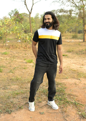 Yellow White Crew Neck Men Tshirt