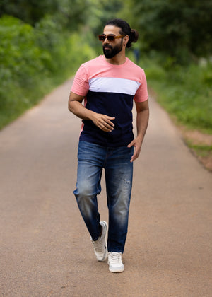 Pink White Crew Neck Men Tshirt