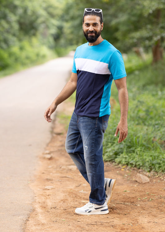 Turquoise White Crew Neck Men Tshirt