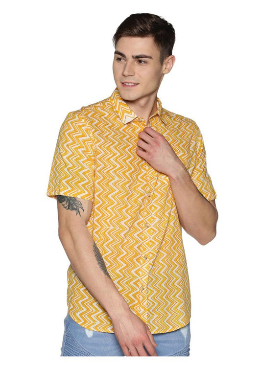 Tusok Yellow Cotton Geometric Pattern Short Sleeve Printed Shirts