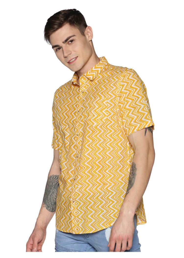 Tusok Yellow Cotton Geometric Pattern Short Sleeve Printed Shirts