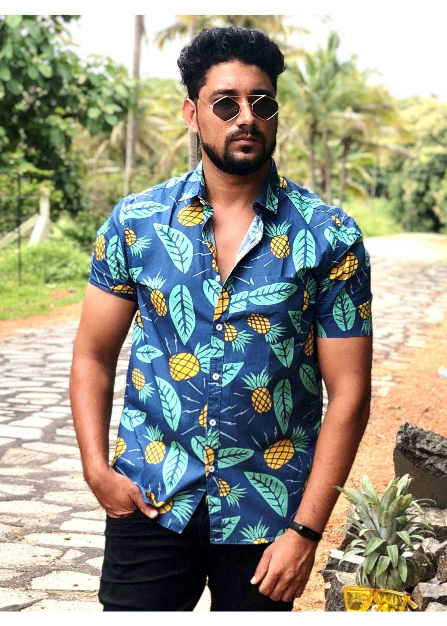 Blue Pineapple Tusok Shirt Blue Fruit Printed Vacation Shirt