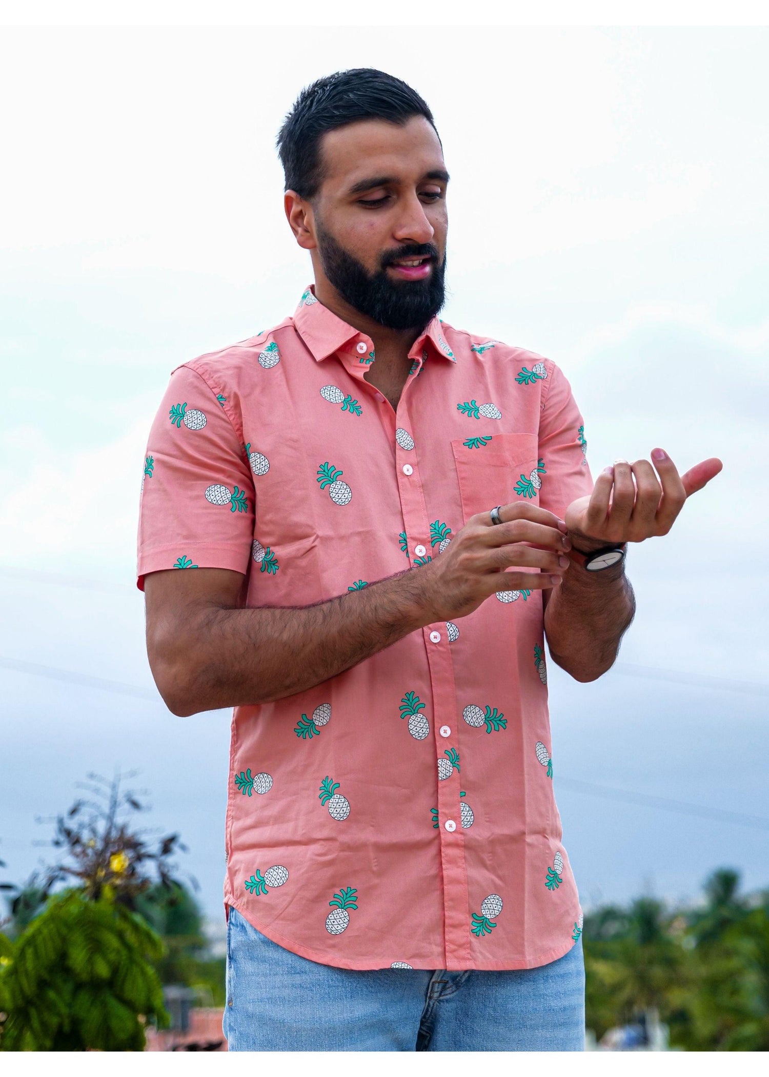 Tusok-pink-pineappleFeatured Shirt, Vacation-Printed Shirtimage-Peach Pineapple (1)
