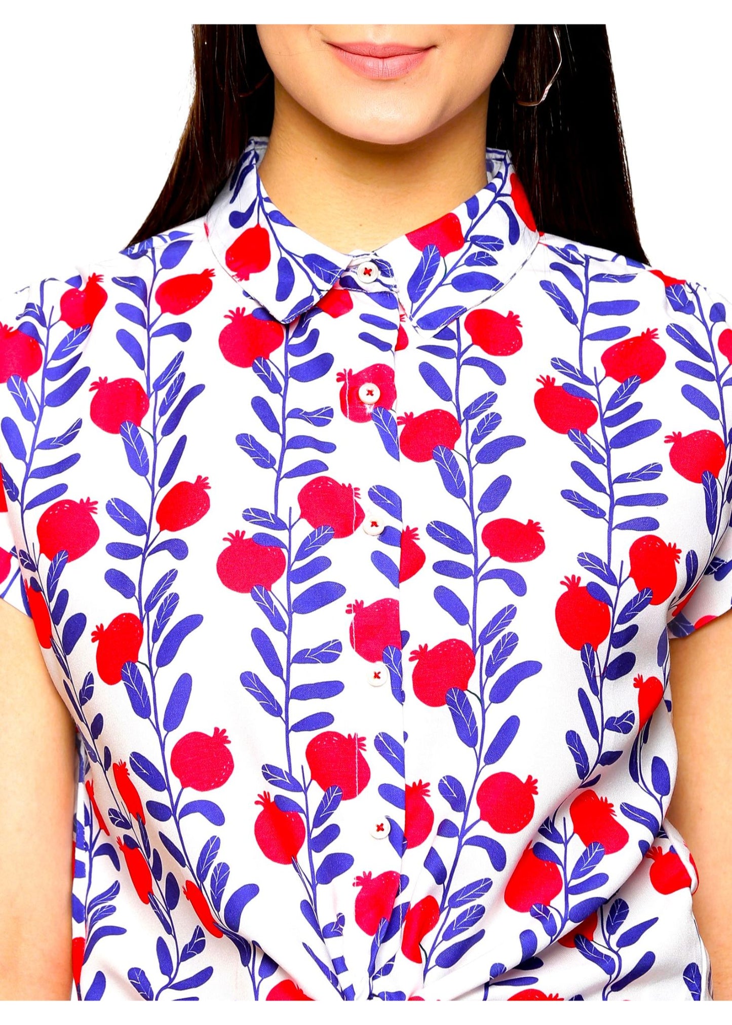 Pomegranate Front Knot Women Shirt
